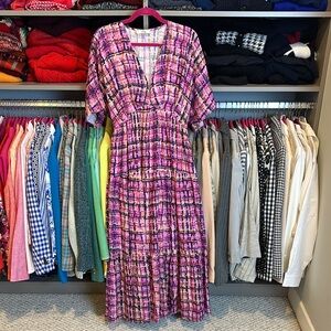 Entro pink/green/yellow print v neck drop shoulder short sleeve dress size S